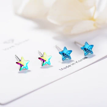 XIYANIKE Sudraba Pārklājumu 2 Stila Multicolor Zilā Pentagramma Stud Auskari Sievietēm Maz Svaigu Cute Mini Star Rhinestone Attēls 3