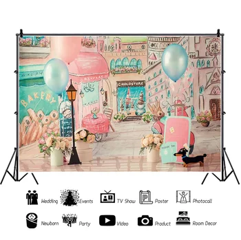 Laeacco Multfilmas Rozā Pils Akvarelis Balonu Ziedu Jaundzimušo Dzimšanas Dienas Foto Fona Fotogrāfijas Fons Foto Studija Attēls 0