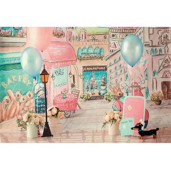 Laeacco Multfilmas Rozā Pils Akvarelis Balonu Ziedu Jaundzimušo Dzimšanas Dienas Foto Fona Fotogrāfijas Fons Foto Studija Attēls 5
