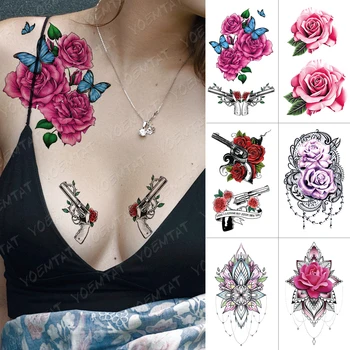 Ūdensnecaurlaidīgus Pagaidu Tetovējumu Uzlīmes Tauriņš Ieroci Rožu Mežģīņu Ziedu Flash Tetovējumiem Lotus Body Art Roku Viltus Tetovējums Sievietes Vīrieši