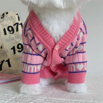 Ziemā Suņu Džemperis Cute Rozā Svītrains Patīk Kaķu Apģērbu Schnauzer Siltu un Ērtu Pet Jaka Luksusa Suņu Apģērbu Dizainers Attēls 4