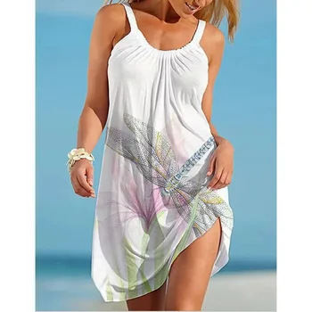 Ir 2021. Modes Sieviešu Vasaras Pludmales Kleita 3D Drukas Bohēmijas Zaudēt Linga Kleitas O-veida Kakla bez Piedurknēm-Line Kleitas Beachwear Sundress