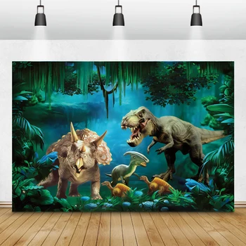 Džungļu Mežu Dinozaurs Dzīvnieku Safari Jaundzimušo Bērnu Dzimšanas Dienu Fotogrāfijas Fons Zelta Spīguļi, Kas Pielāgota Fona Foto Studija Attēls 3