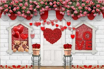 Fotogrāfijas Fons Valentīna Dienas Rozes Ziedu, Mīlestības Sirds Lācis Balta Ķieģeļu Siena Februāris 14 Mīļākais Puse Banner Foto Fona Attēls 2