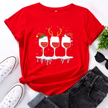 Ir 2021. Jaunu Ziemassvētku Vīna Glāzi Print T-krekls Sieviešu Ikdienas Kokvilnas Pulovers Apaļu Kakla Īsām Piedurknēm Top Sieviešu Apģērbs