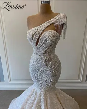 Ziloņkaula Mežģīņu Malu Noapaļošana Pērles Mermaid Kāzu Kleitas 2021 Pielāgot, Dubaija Arābu Viena Pleca, Plus Lieluma Līgavas Kleitas Vestido Noiva Attēls 3