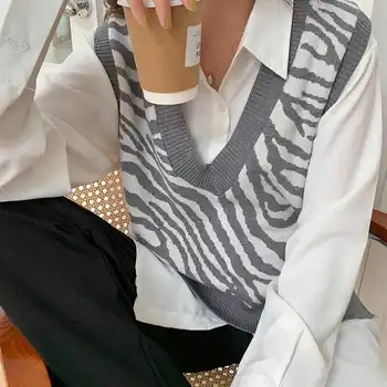 Jaunu Gadījuma V-veida Kakla Trikotāžas Veste Sievietēm korejas Modes Zebra Modelis bez Piedurknēm Džemperi Vestes, lai Outewear Pavasara 2021