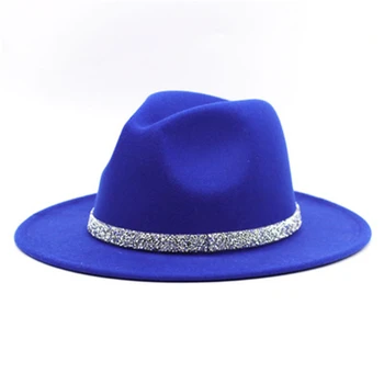 Bezmaksas Piegāde 60cm Zilā Fedora Cepuri Sieviešu Vilnas Top Cepure rudens/Ziemas Āra Vīriešu Džeza Cepuri Krāsa-bloķēšanu Liels Malām Cepure Attēls 0