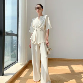 Ir 2021. Vasaras Elegants Divu Gabals, Kas Sievietēm Dizainers Francija Vintage Tērpi Uzstādīt Retro Šiks Topi Gadījuma Plaša Kāju Bikses Korejas Apģērbi