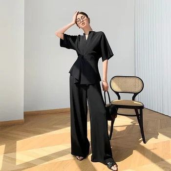 Ir 2021. Vasaras Elegants Divu Gabals, Kas Sievietēm Dizainers Francija Vintage Tērpi Uzstādīt Retro Šiks Topi Gadījuma Plaša Kāju Bikses Korejas Apģērbi Attēls 1