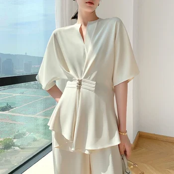 Ir 2021. Vasaras Elegants Divu Gabals, Kas Sievietēm Dizainers Francija Vintage Tērpi Uzstādīt Retro Šiks Topi Gadījuma Plaša Kāju Bikses Korejas Apģērbi Attēls 3