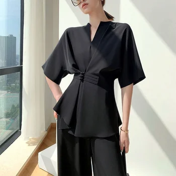 Ir 2021. Vasaras Elegants Divu Gabals, Kas Sievietēm Dizainers Francija Vintage Tērpi Uzstādīt Retro Šiks Topi Gadījuma Plaša Kāju Bikses Korejas Apģērbi Attēls 4