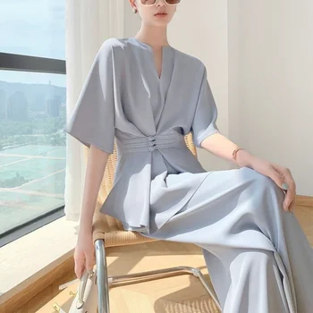 Ir 2021. Vasaras Elegants Divu Gabals, Kas Sievietēm Dizainers Francija Vintage Tērpi Uzstādīt Retro Šiks Topi Gadījuma Plaša Kāju Bikses Korejas Apģērbi Attēls 5