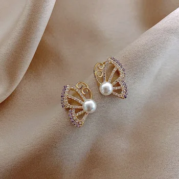Dienvidkorejas jaunā pērle dimanta tauriņš auskari sieviete augstas klases modes dizaina auskari simetriski tautas auskari Attēls 3