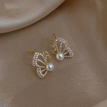 Dienvidkorejas jaunā pērle dimanta tauriņš auskari sieviete augstas klases modes dizaina auskari simetriski tautas auskari Attēls 4