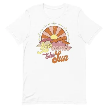 Sunfiz YF Beach Aicinājums Tees Šeit Nāk Saule Sievietēm Grafiskais Tee 70 80's Vintage Krekls Plus Lieluma, Mīksti Kokvilnas Tee Attēls 0