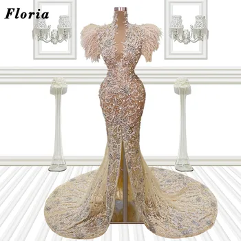 Floria Krāšņs Sirēna Vakara Kleitas Vestidos Dubaija Couture Spalvas, Pērlītes Balli Puse Kleita 2022 Ilgi платье женское вечернее
