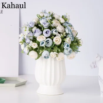 Viltus zīda rozes mākslīgie ziedi kāzu mājās mazo mākslīgo rožu pušķis mākslīgās ziedu amatniecības partijas apdare lēti dekori