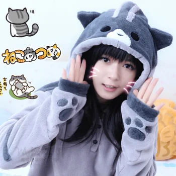 Japāņu anime Neko atsume gudrs kaķis pagalmā Cosplay apģērbu flaneļa Kapuci sporta Krekls Jaka Kawaii meitenes, mājas drēbes Attēls 2