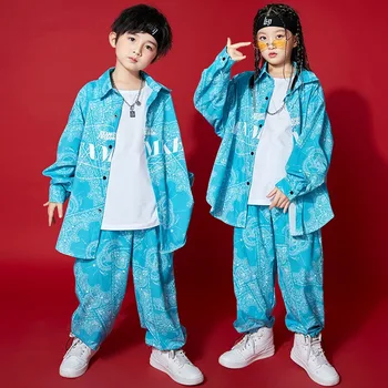 Mazulis Kpop Apģērbs, Apģērbi Meitenēm Zēniem Ģeometrija Drukāt Lielgabarīta Drukāt Krekls Top Streetwear Vaļīgas Bikses Hip Hop Deju Tērpi Attēls 0
