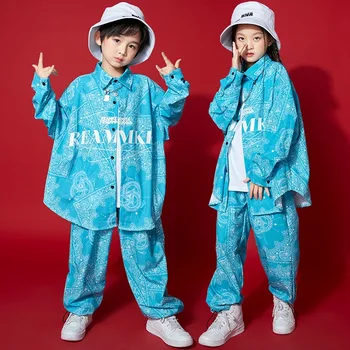 Mazulis Kpop Apģērbs, Apģērbi Meitenēm Zēniem Ģeometrija Drukāt Lielgabarīta Drukāt Krekls Top Streetwear Vaļīgas Bikses Hip Hop Deju Tērpi Attēls 1