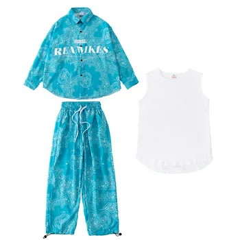 Mazulis Kpop Apģērbs, Apģērbi Meitenēm Zēniem Ģeometrija Drukāt Lielgabarīta Drukāt Krekls Top Streetwear Vaļīgas Bikses Hip Hop Deju Tērpi Attēls 2