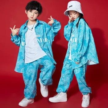 Mazulis Kpop Apģērbs, Apģērbi Meitenēm Zēniem Ģeometrija Drukāt Lielgabarīta Drukāt Krekls Top Streetwear Vaļīgas Bikses Hip Hop Deju Tērpi Attēls 3