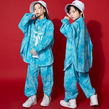 Mazulis Kpop Apģērbs, Apģērbi Meitenēm Zēniem Ģeometrija Drukāt Lielgabarīta Drukāt Krekls Top Streetwear Vaļīgas Bikses Hip Hop Deju Tērpi Attēls 4